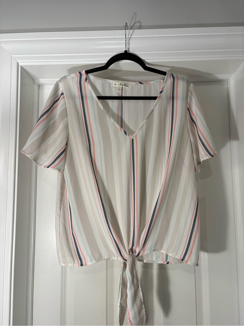 nine britton Cream Striped Tie-Front V-Neck Blouse with Pink & Blue Stripes